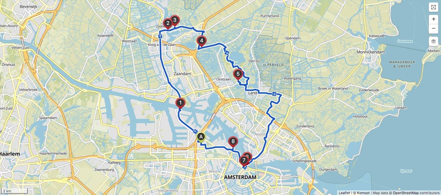 Kaartje fietsroute Zaanse Schans (40 km)