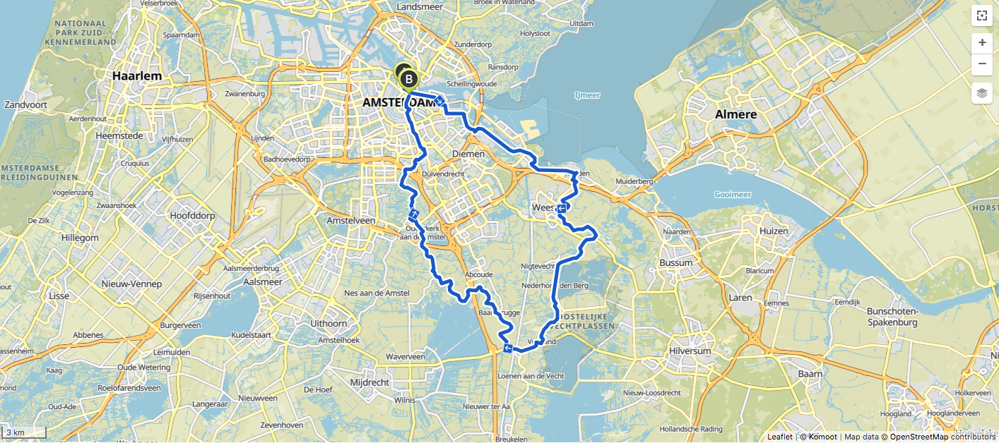 Kaartje fietsroute rond de Vecht (63 km)