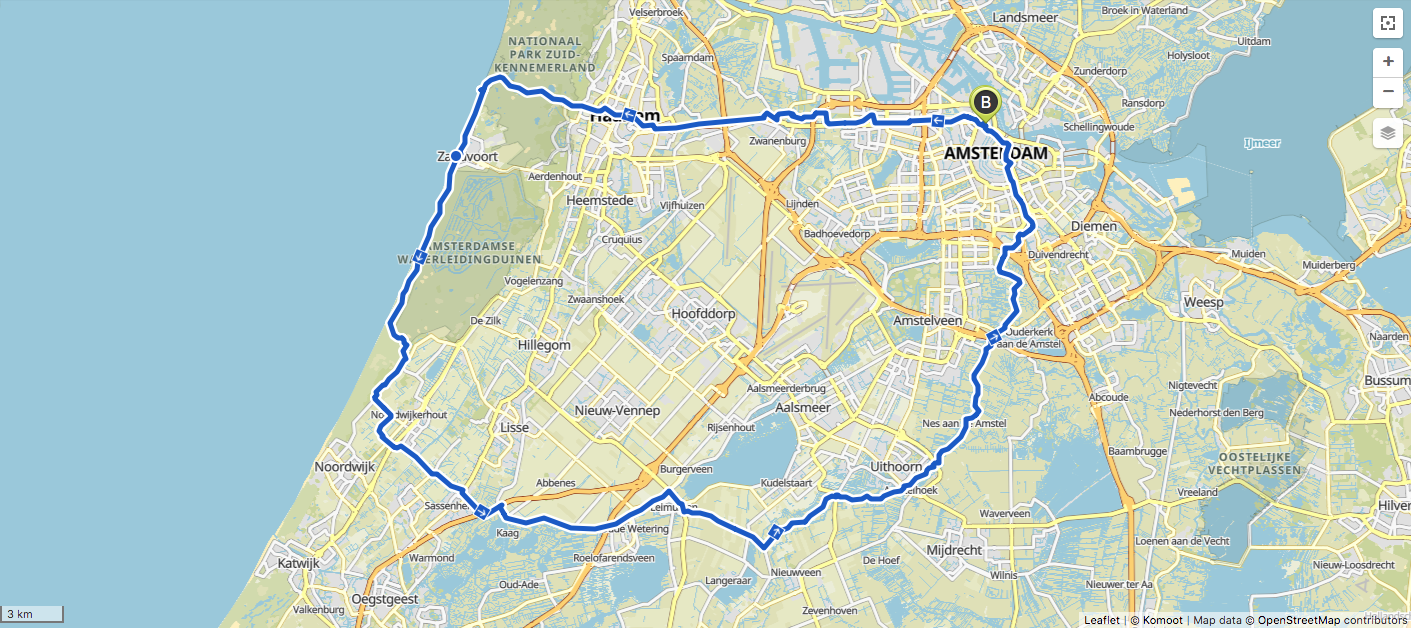 Kaartje fietsroute Waterleidingduinen (100 km)