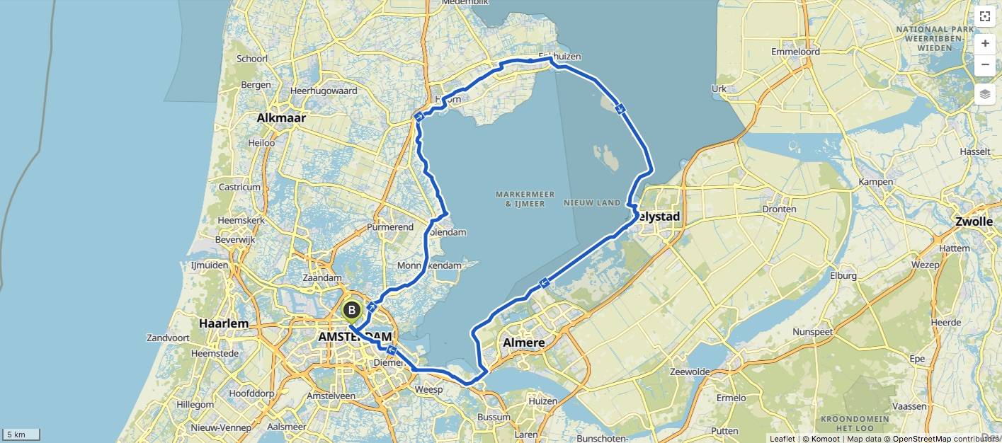 Kaartje fietsroute Markermeer (150 km)